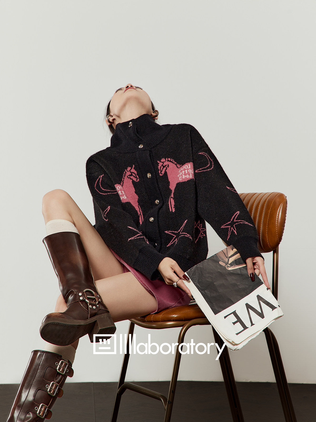 Stand Collar Knit Top/Pink Mini Skirt LLA0611