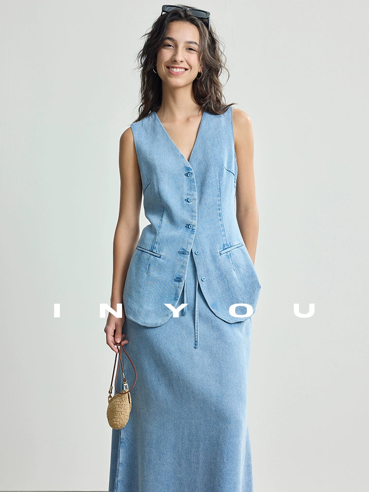 V-Neck Denim Vest / Denim Long Skirt IWY0017