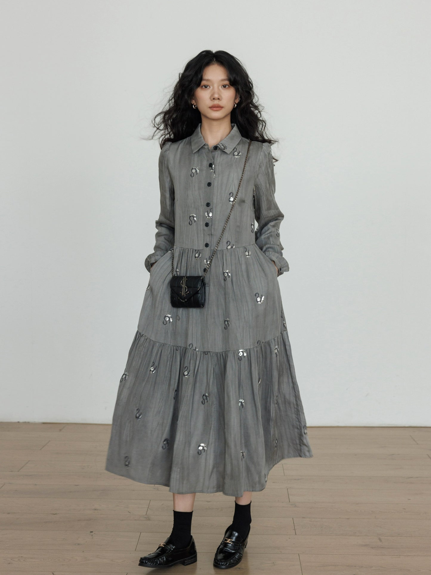 Long-Sleeve Shirt Flare Long Dress VAS0159