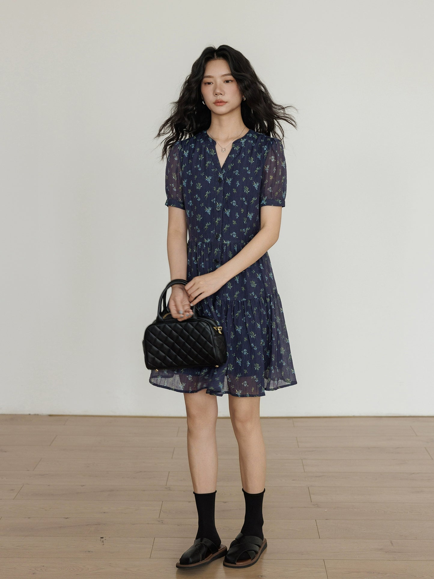 French Floral Retro V-Neck Dress VAS0015