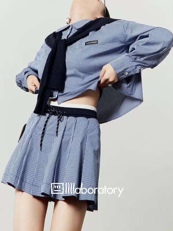 Blue Check Long Sleeve Shirt / Relaxed Mini Skirt LLA0513