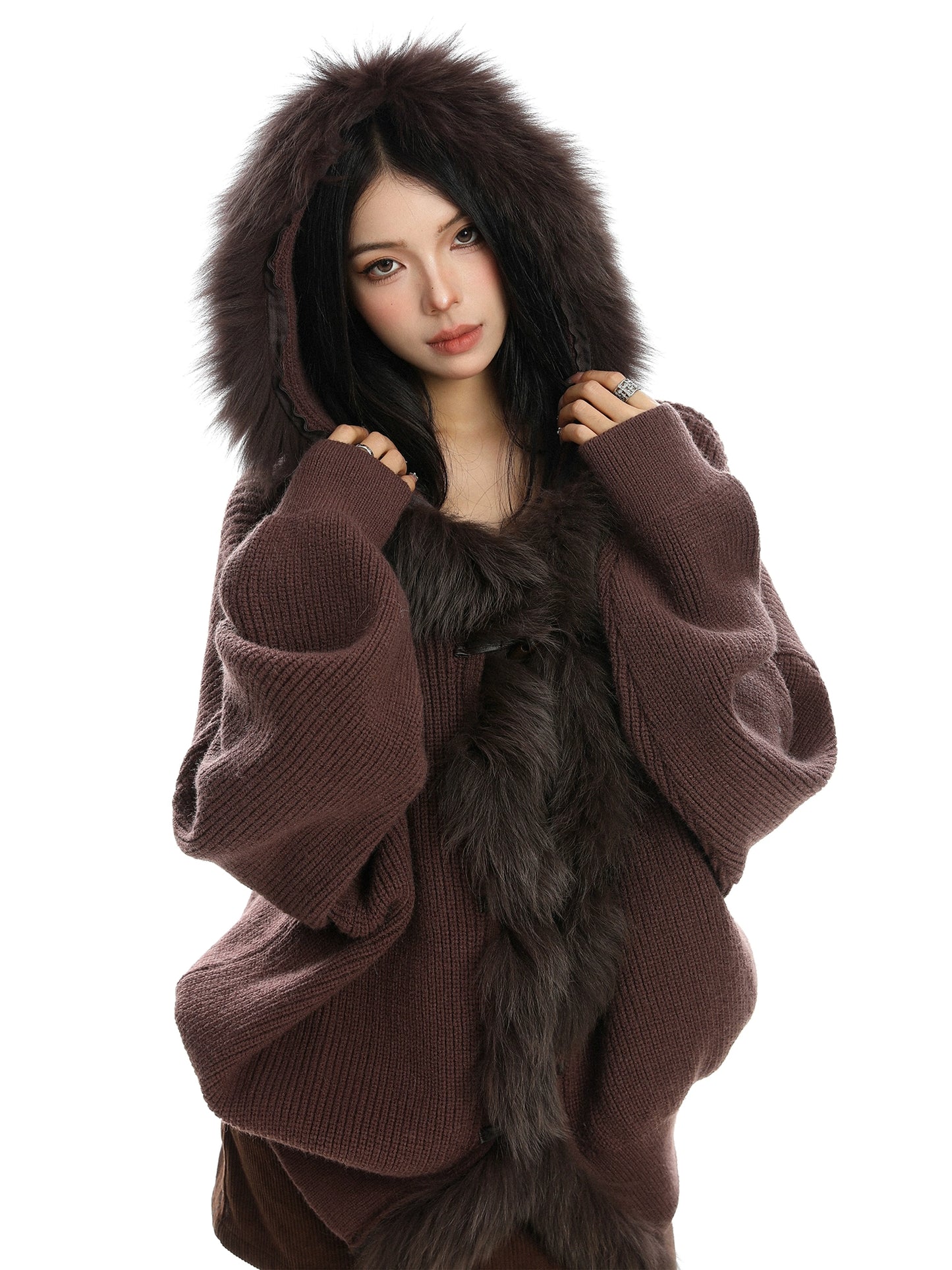 Fur Hood Zip Up Knit BGS0018