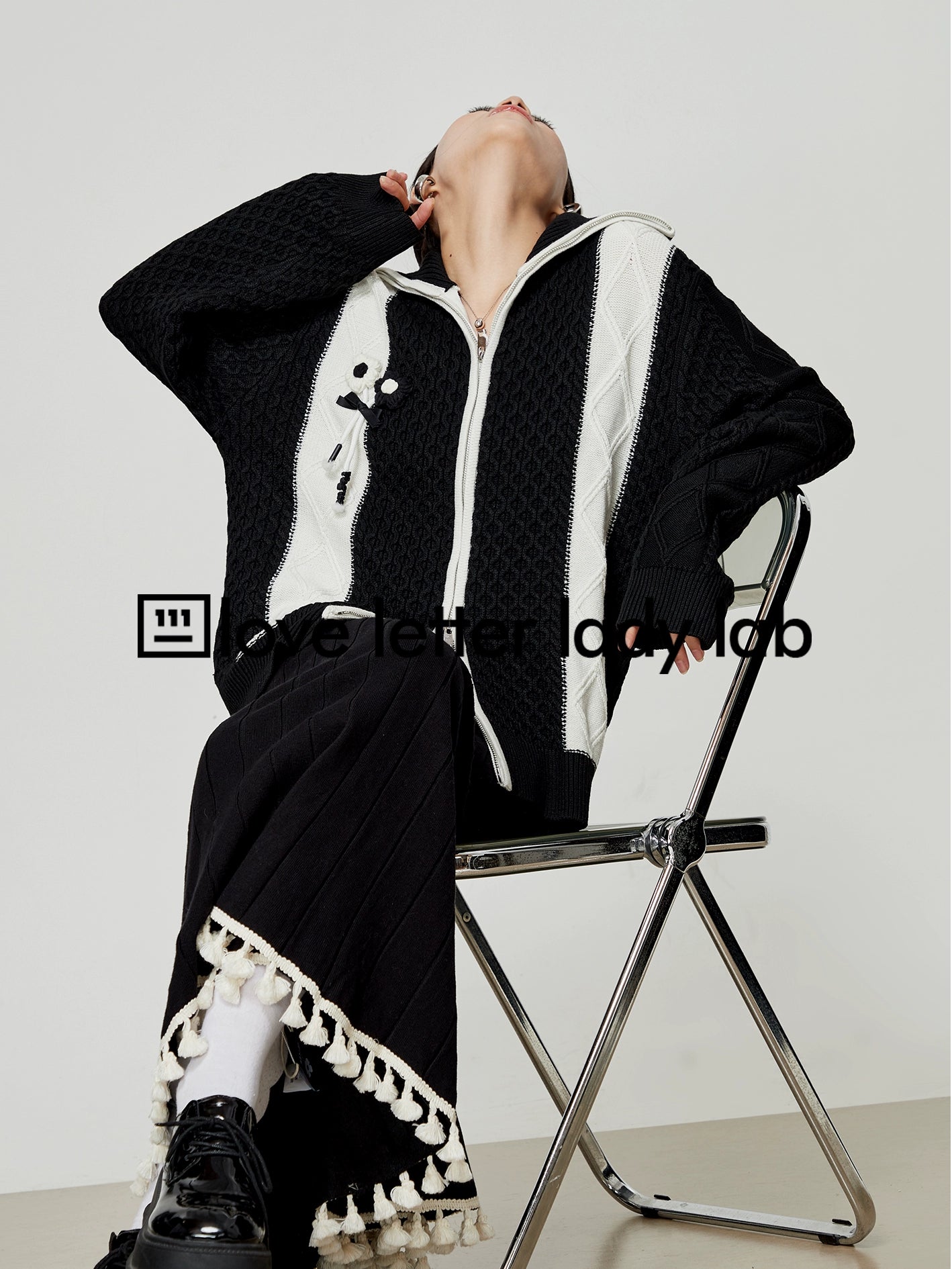 Black White Double Zip Knit Long Skirt LLA0337