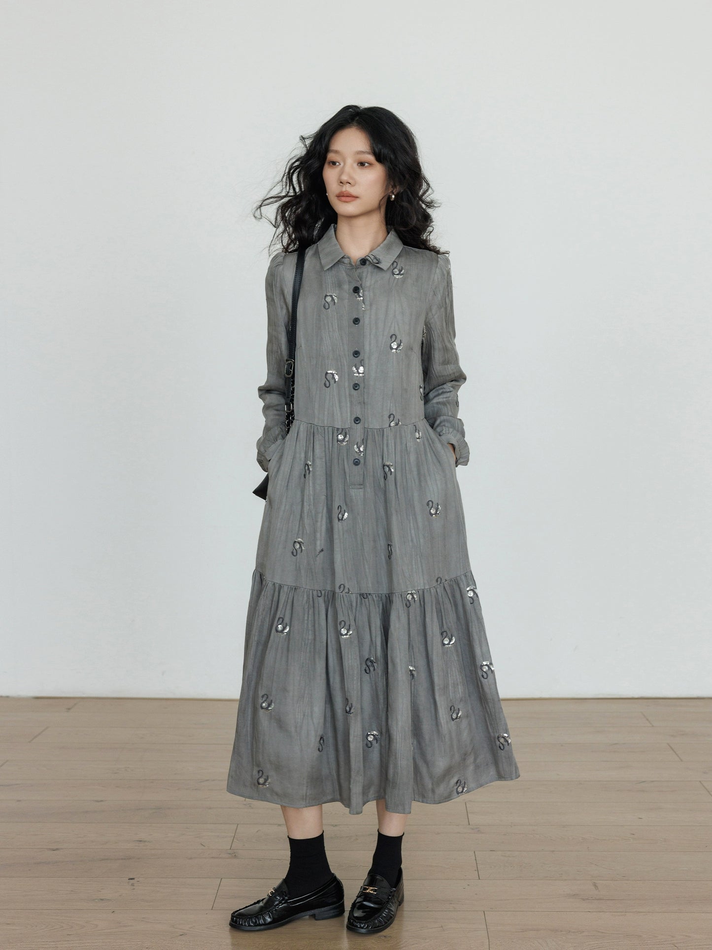 Long-Sleeve Shirt Flare Long Dress VAS0159