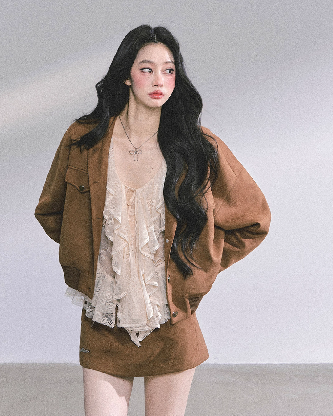 Wool Blazer Jacket/Mini Skirt/Frill Lace Blouse LAS0042