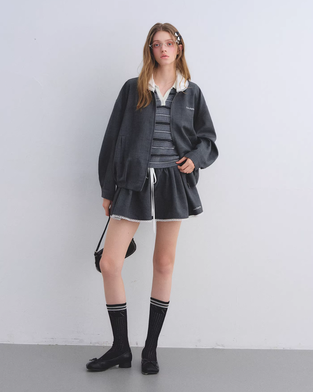 Lace Collar Zip Jacket / Flared Mini Skirt ASG0084