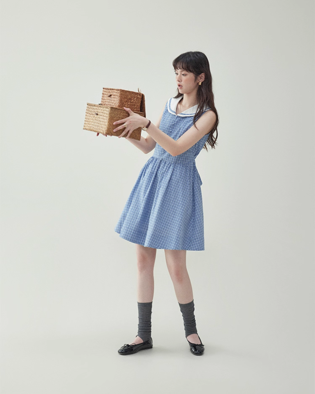 Blue Plaid Sleeveless Collar Dress AMU0031