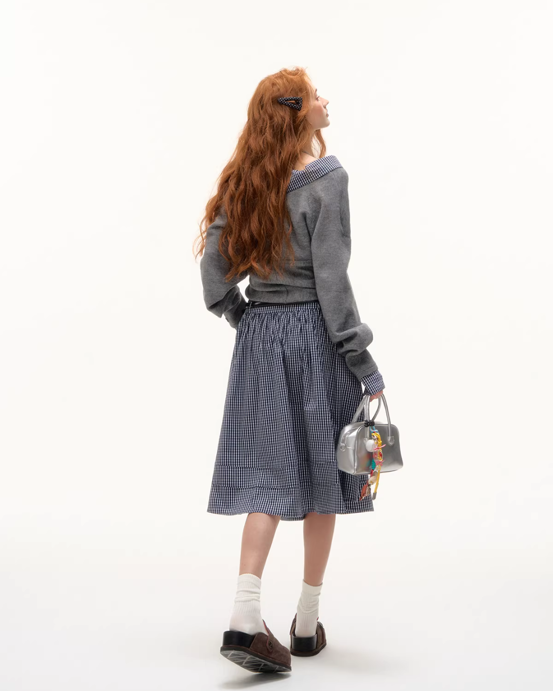 Front Wrap Knit Top/Gingham Check Skirt ASG0074