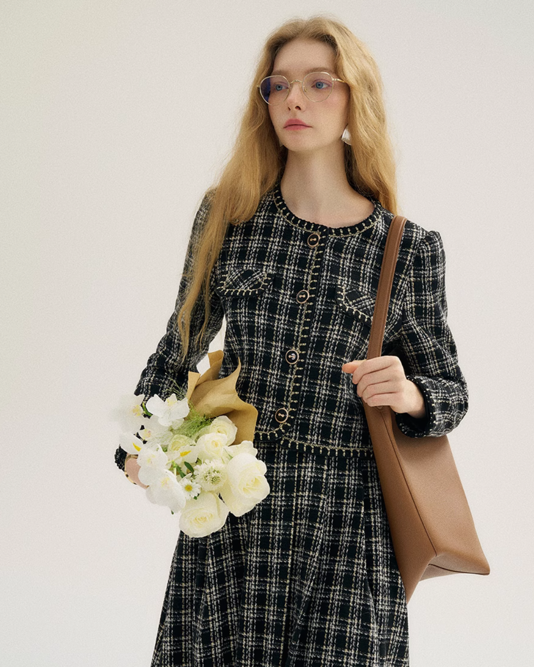 Plaid Tweed Jacket & Tweed Long Skirt SNT0010