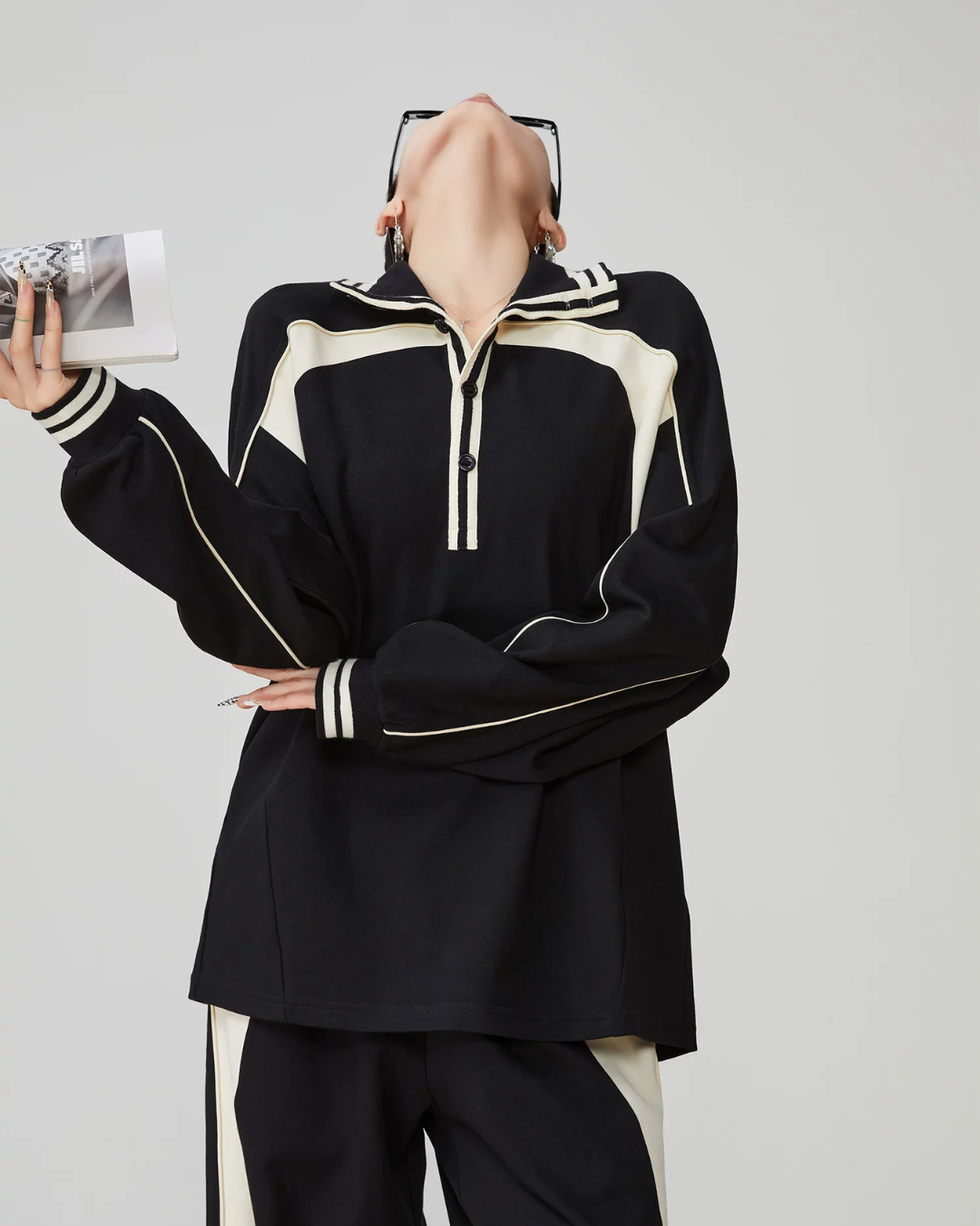 Color-Contrast Collared Long-Sleeve / Casual Wide Pants  FER0378