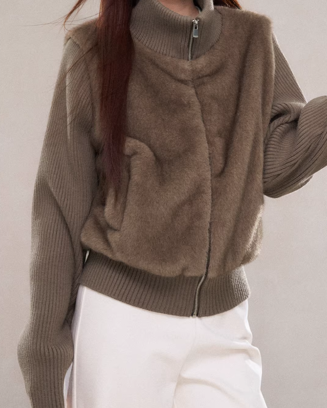 Stand Collar Fur Knit Jacket WDB0005