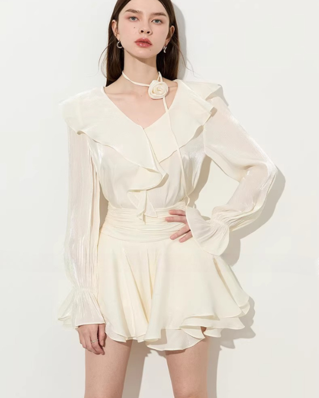 V-Neck Sparkly Sheer Top / Flared Mini Skirt DPY0079