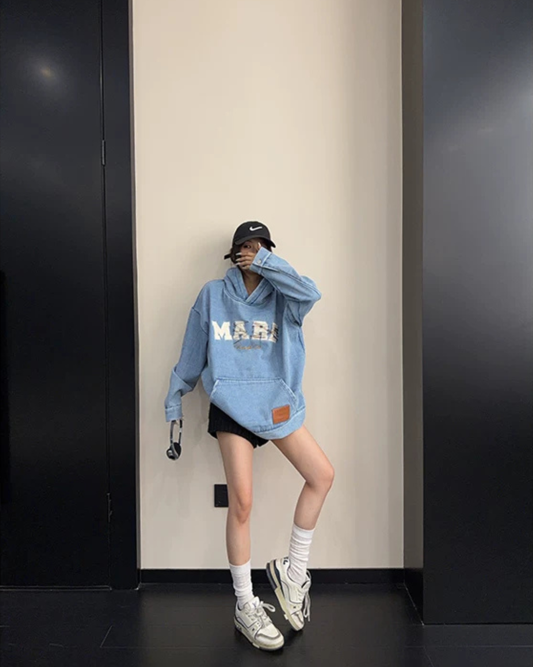 Oversize Retro Embroidered Denim Hoodie YLS1077