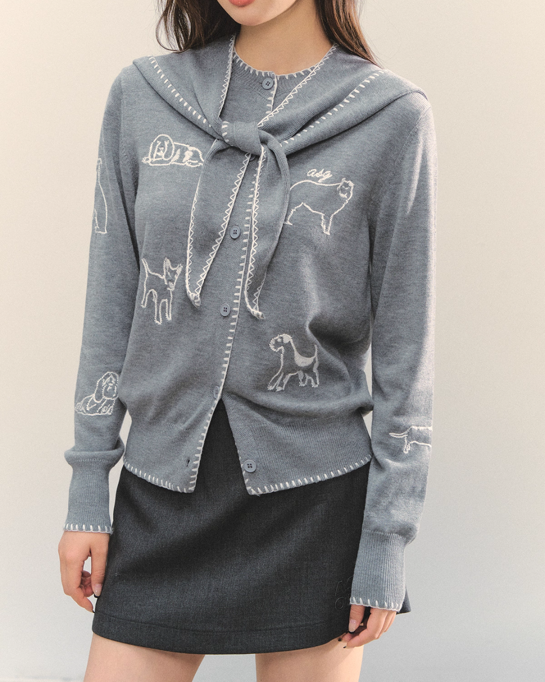 Dog Embroidery Round Neck Knit Cardigan ASG0070