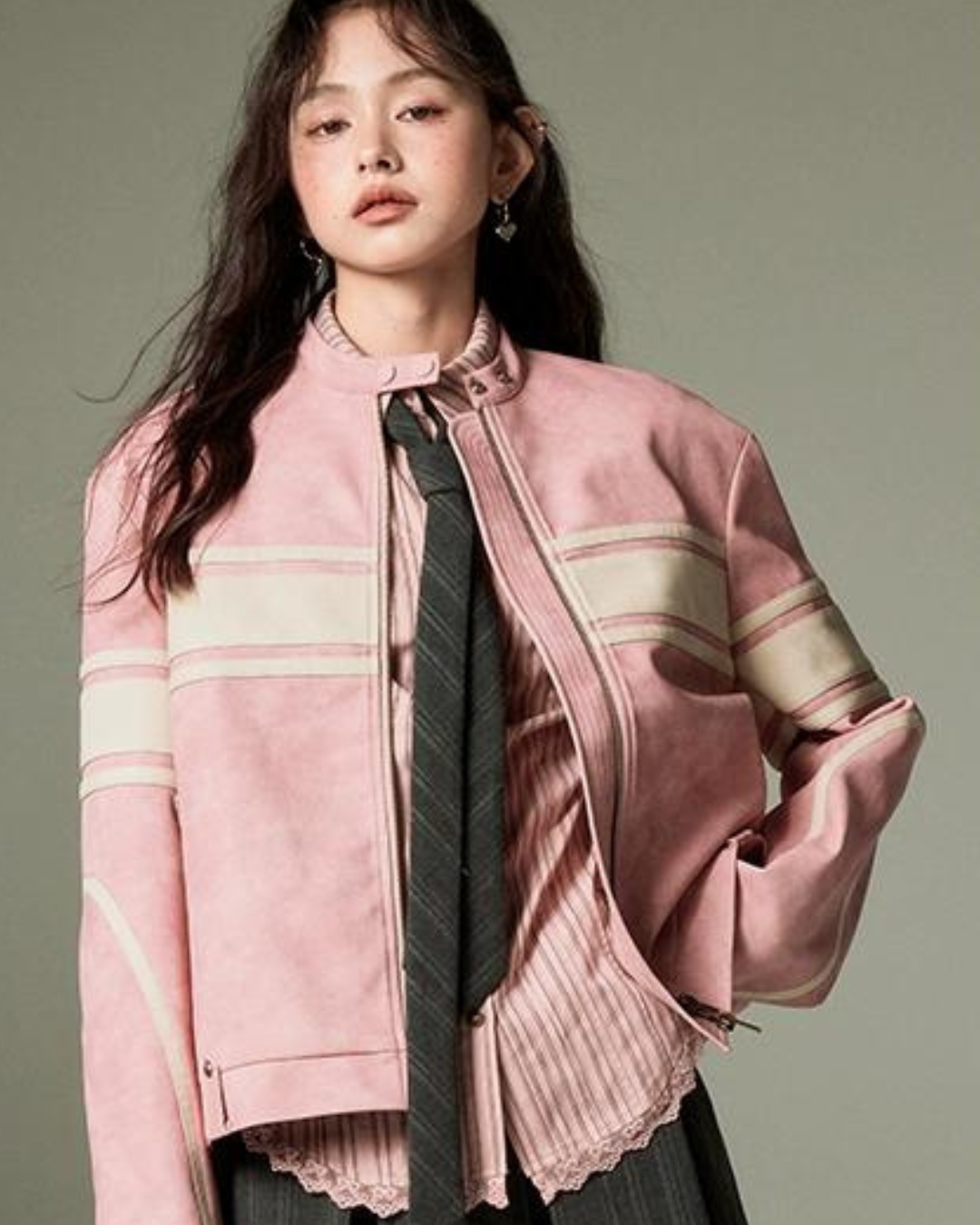 Stand Collar Pink Leather Jacket DDM0018