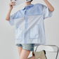 Blue Striped Patchwork Short-Sleeve Shirt FER0183