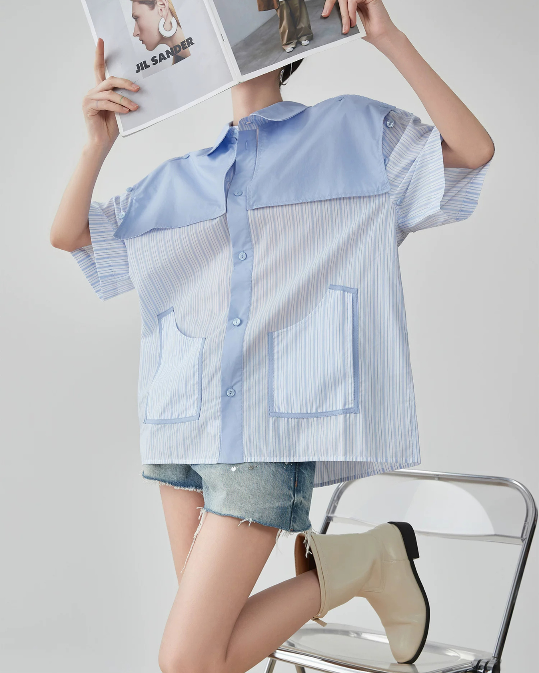 Blue Striped Patchwork Short-Sleeve Shirt FER0183