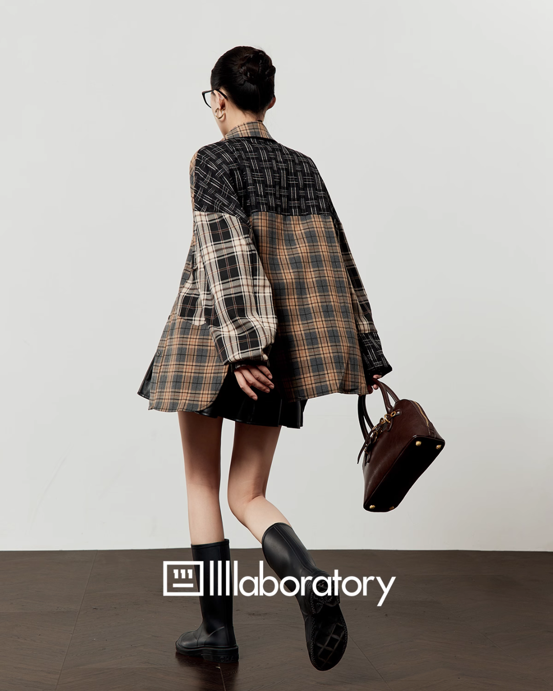 Brown Plaid Shirt  / Leather Mini Skirt LLA0519