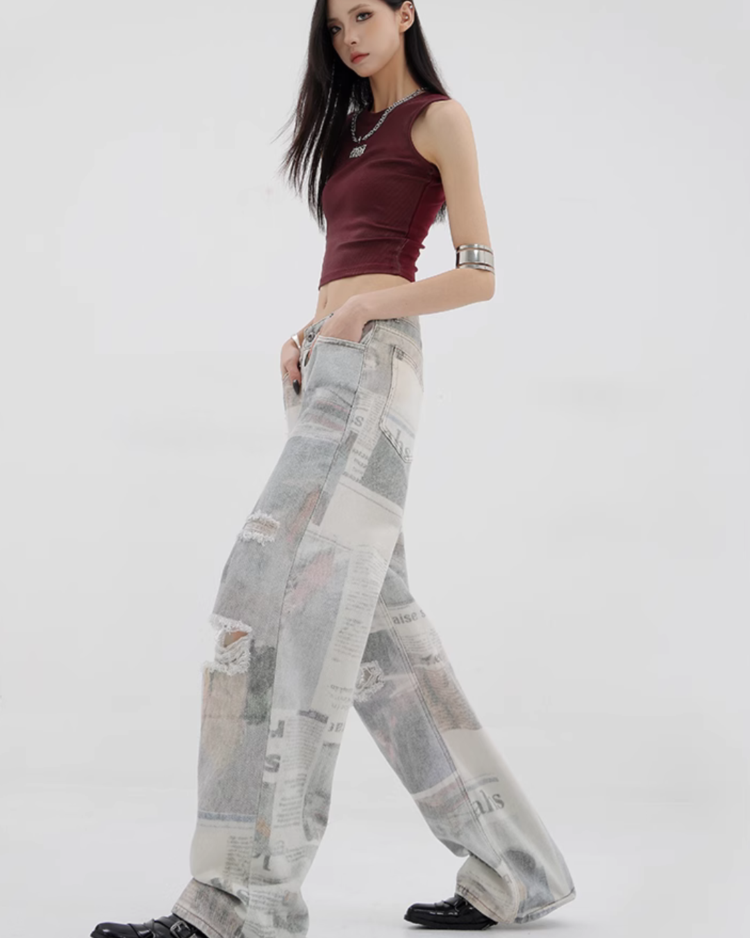 News Paper Print Wide Pants KNH0005