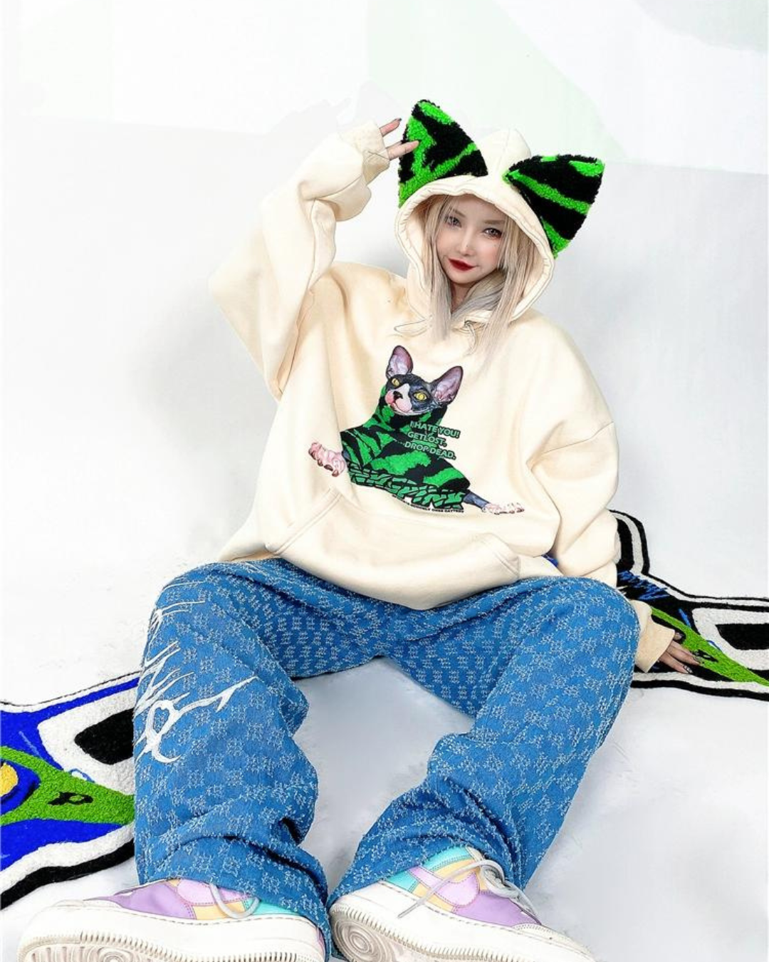 Cat Ear Print Sweatshirt Hoodie PPK0110