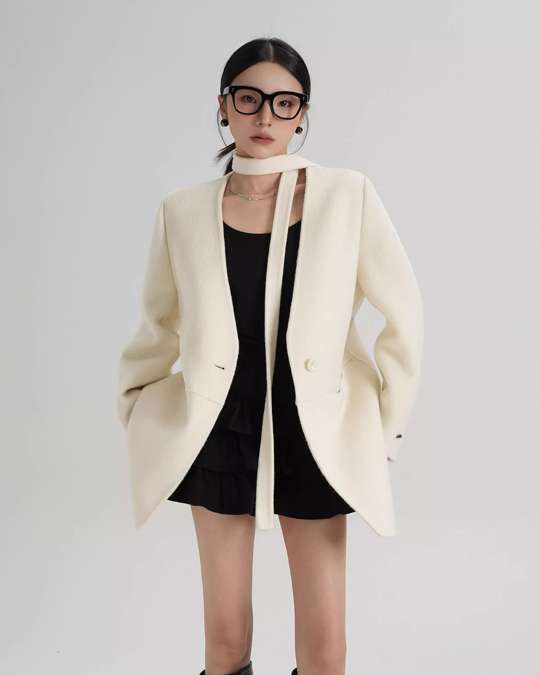 Collarless Wool Coat with Choker SRS0393