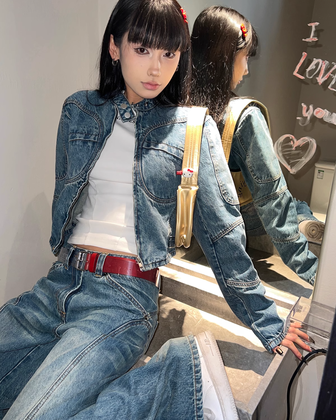 Mock Neck Denim Jacket / Denim Pants ACS0124