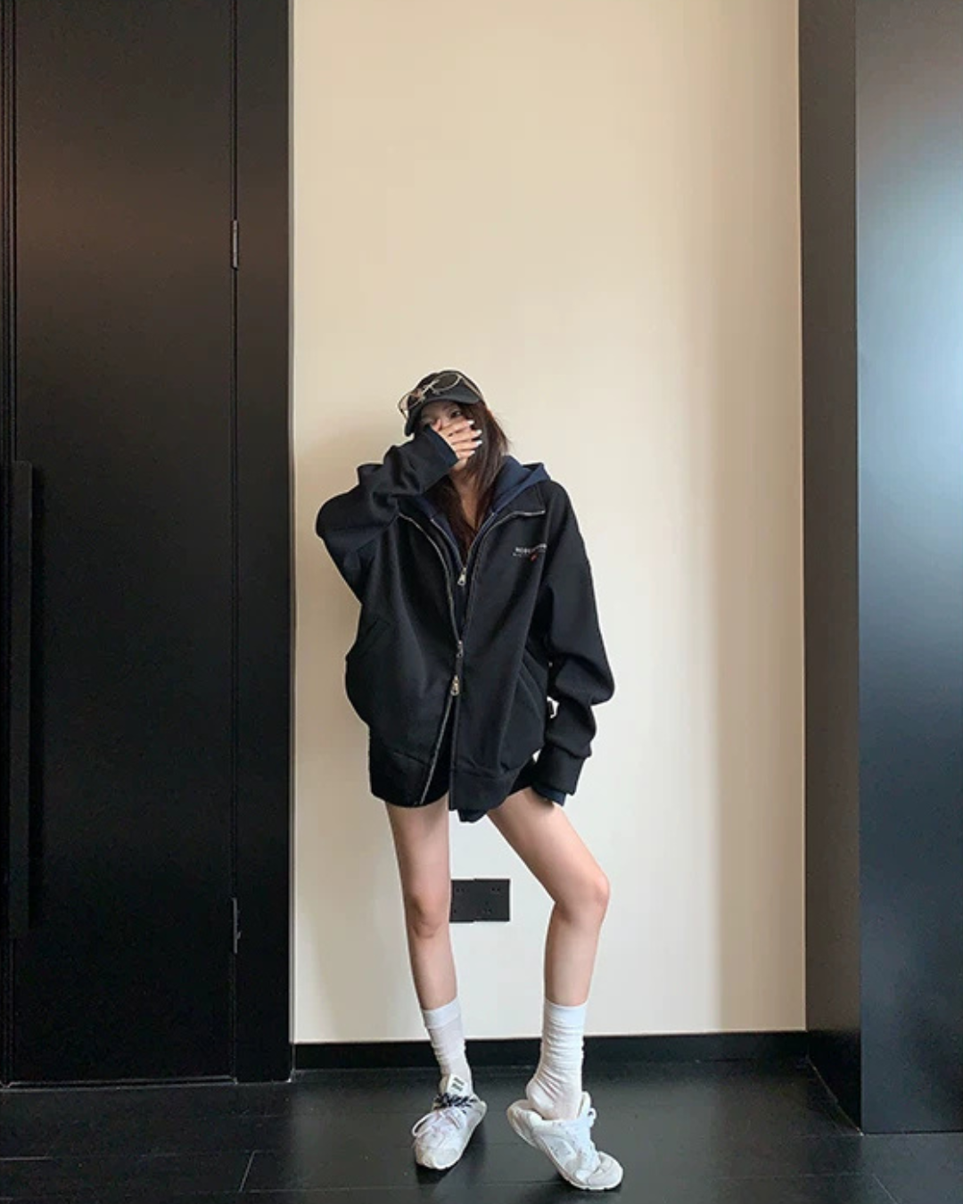 Labeled Button Double Zip Hoodie YLS1076