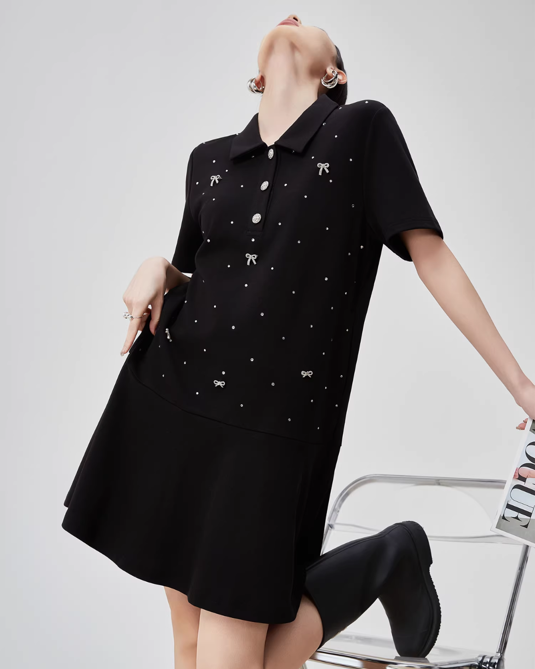 Ribbon Motif Polo Collar Mini Dress FER0113