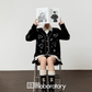 V-Neck Knit Cardigan / Leather Mini Skirt LLA0526