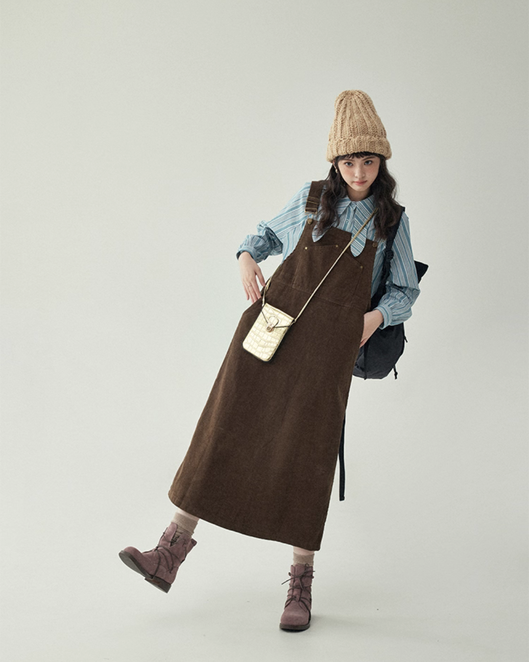 Blue Stripe Shirt / Wide Denim Pants / Corduroy Overall Skirt AMU0033