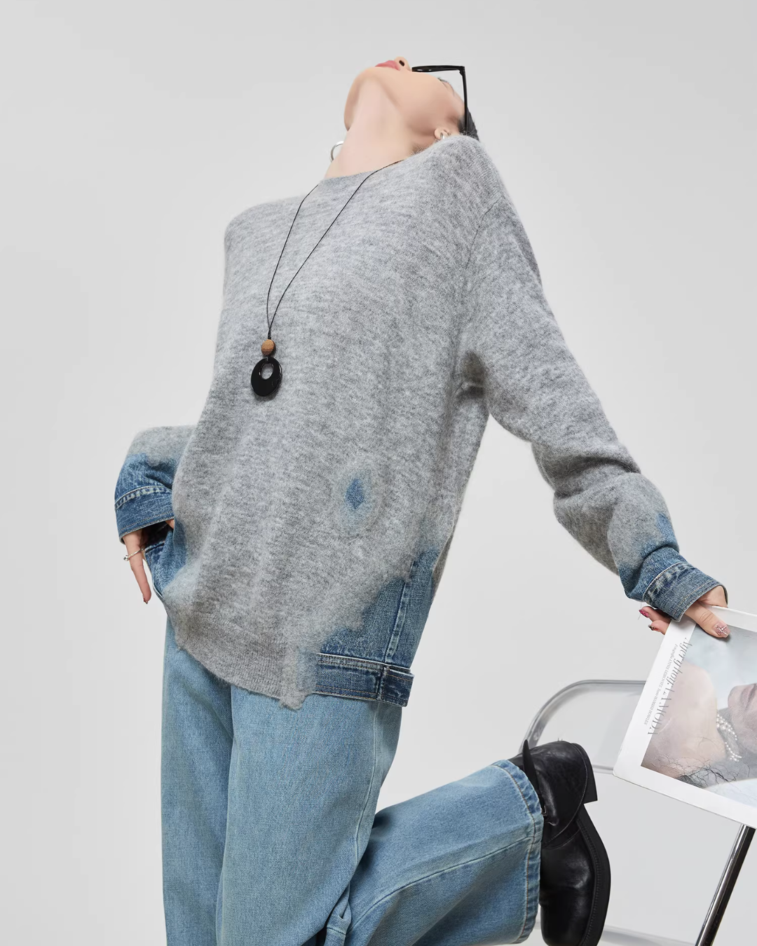 Denim Patchwork Crew Neck Top FER0056