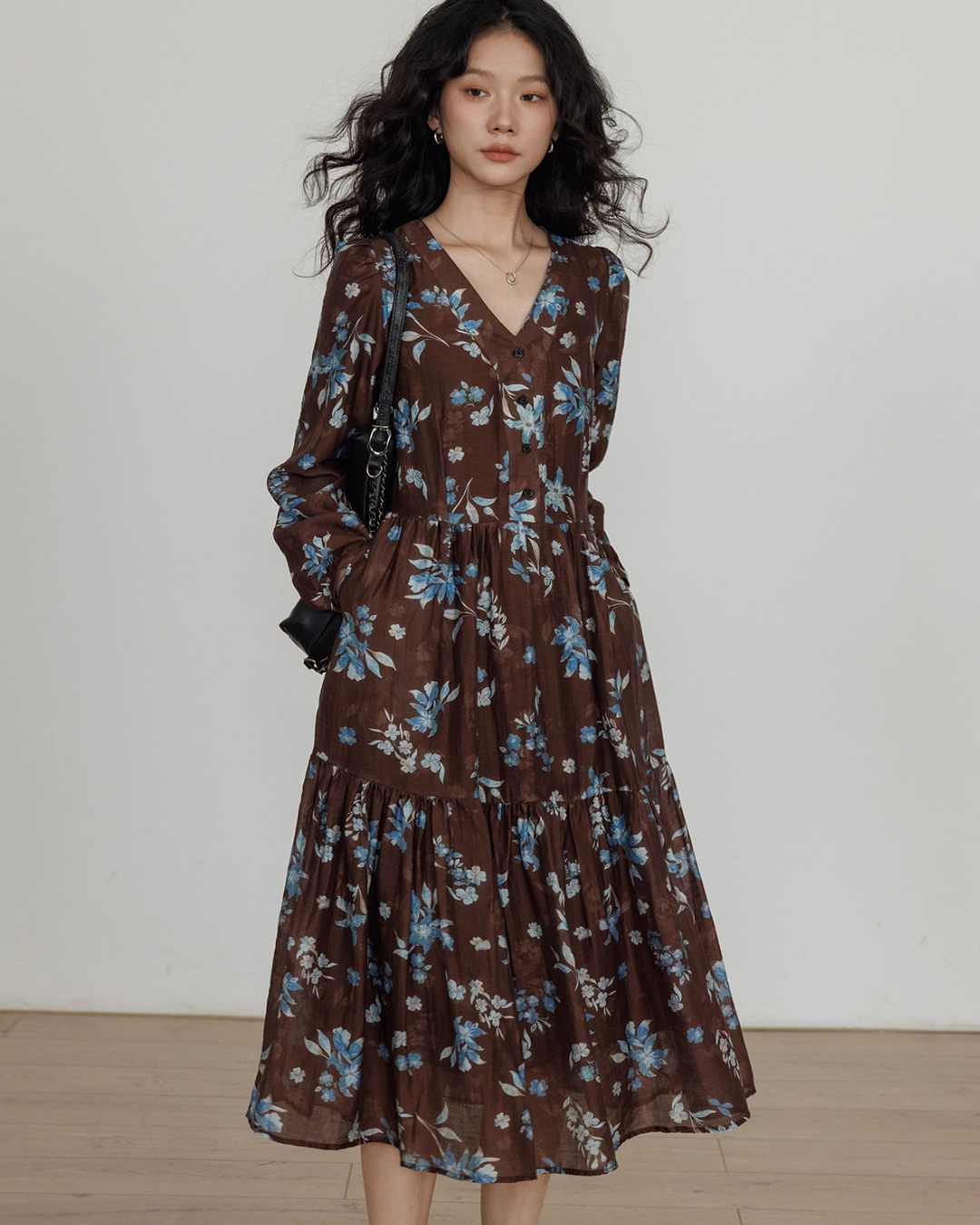V-Neck Linen Print Elegant Dress VAS0151