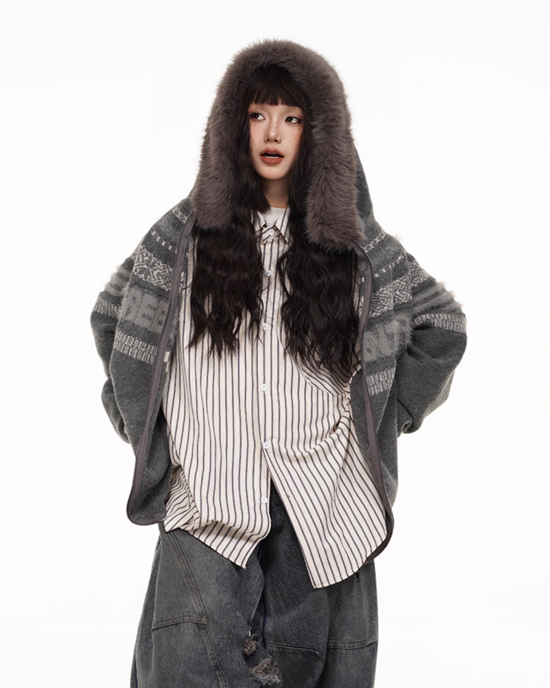 Fur Hood Retro Knit Cardigan FEC0002