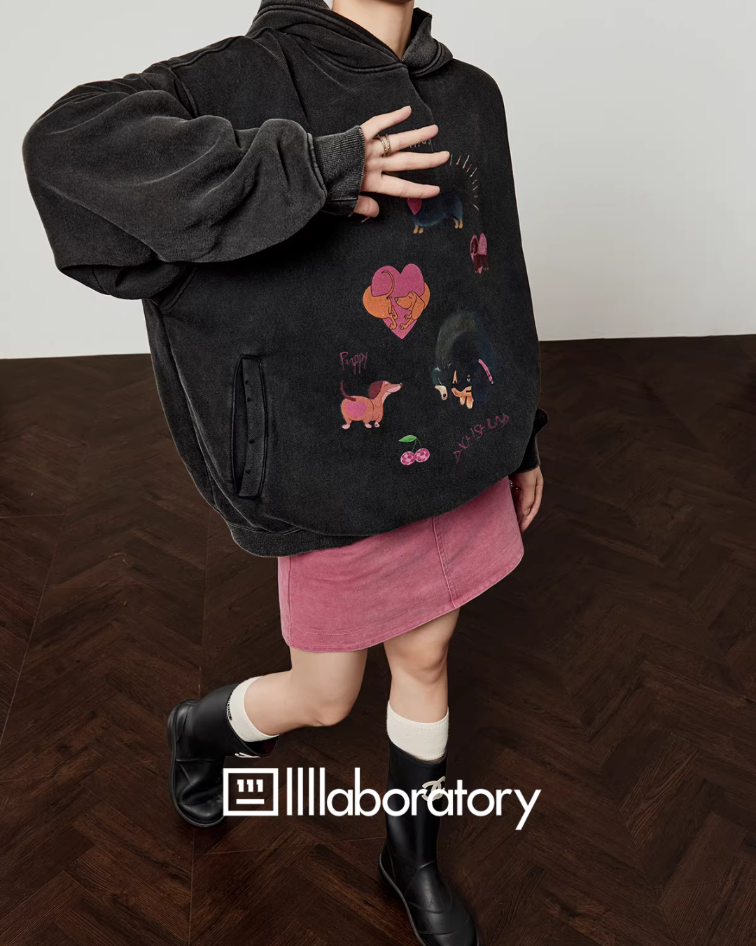 Dog Print Retro Hoodie / Pink Mini Skirt LLA0590