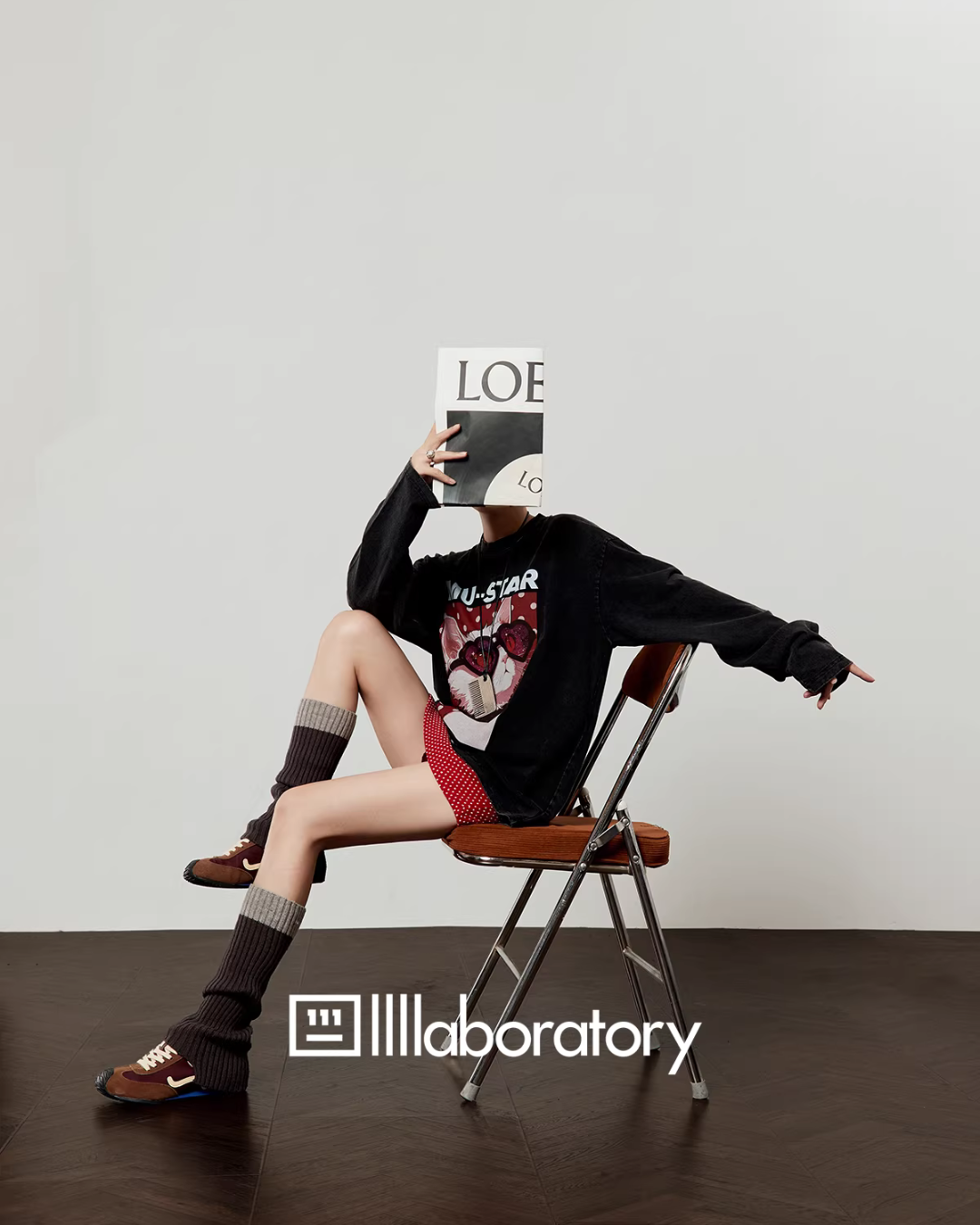 Cat Print Long Sleeve T-shirt / Polka Dot Mini Skirt LLA0593