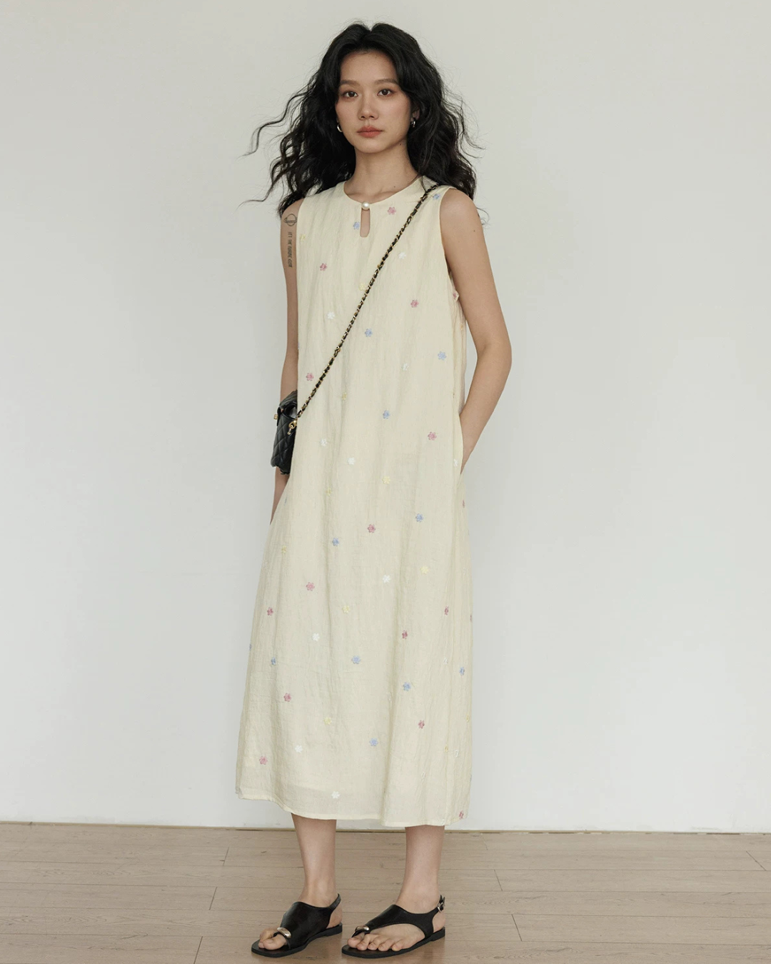 Flower Embroidery Pearl Button Long Dress VAS0203