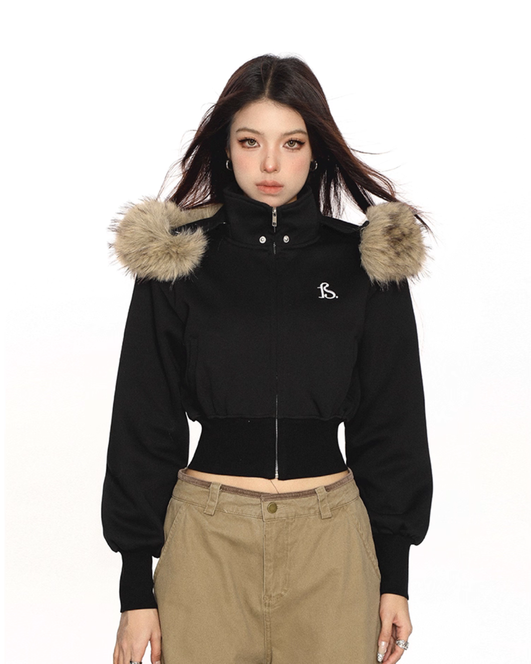 Fur Cropped Zip Up Hoodie BGS0013
