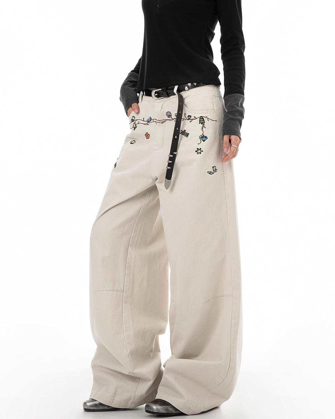 Floral Embroidery Wide Denim Pants ICM0116