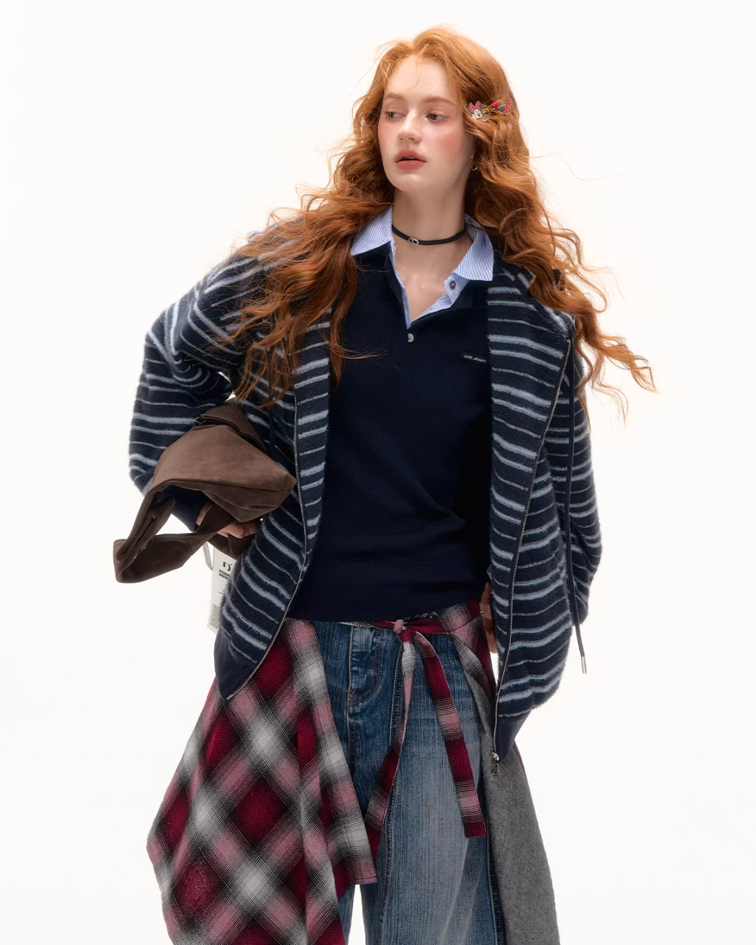 Striped Cat Ear Hoodie / Layered-Style Design Shirt ASG0076