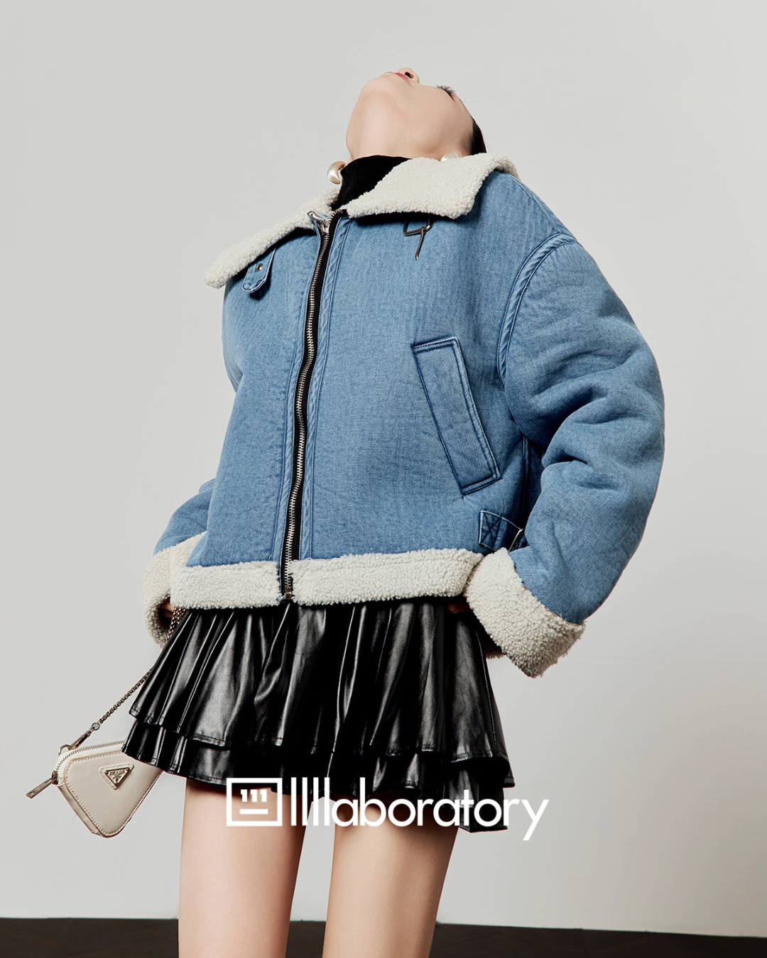 Denim Mouton Jacket / Leather Tiered Skirt  LLA0569