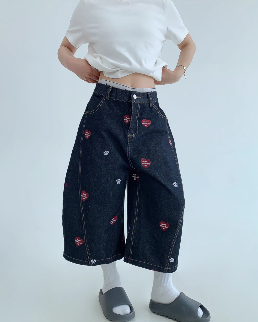 Heart Embroidery Design Wide Denim Pants YLS0851