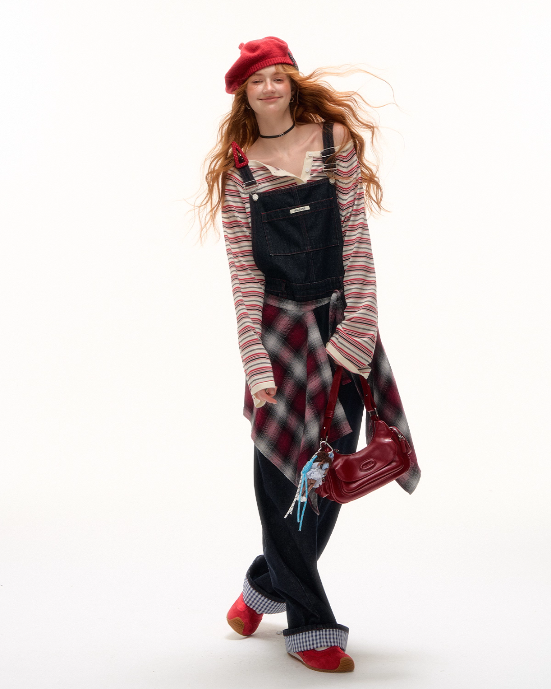Half Button Border Top / Wide-Leg Denim Overalls ASG0053