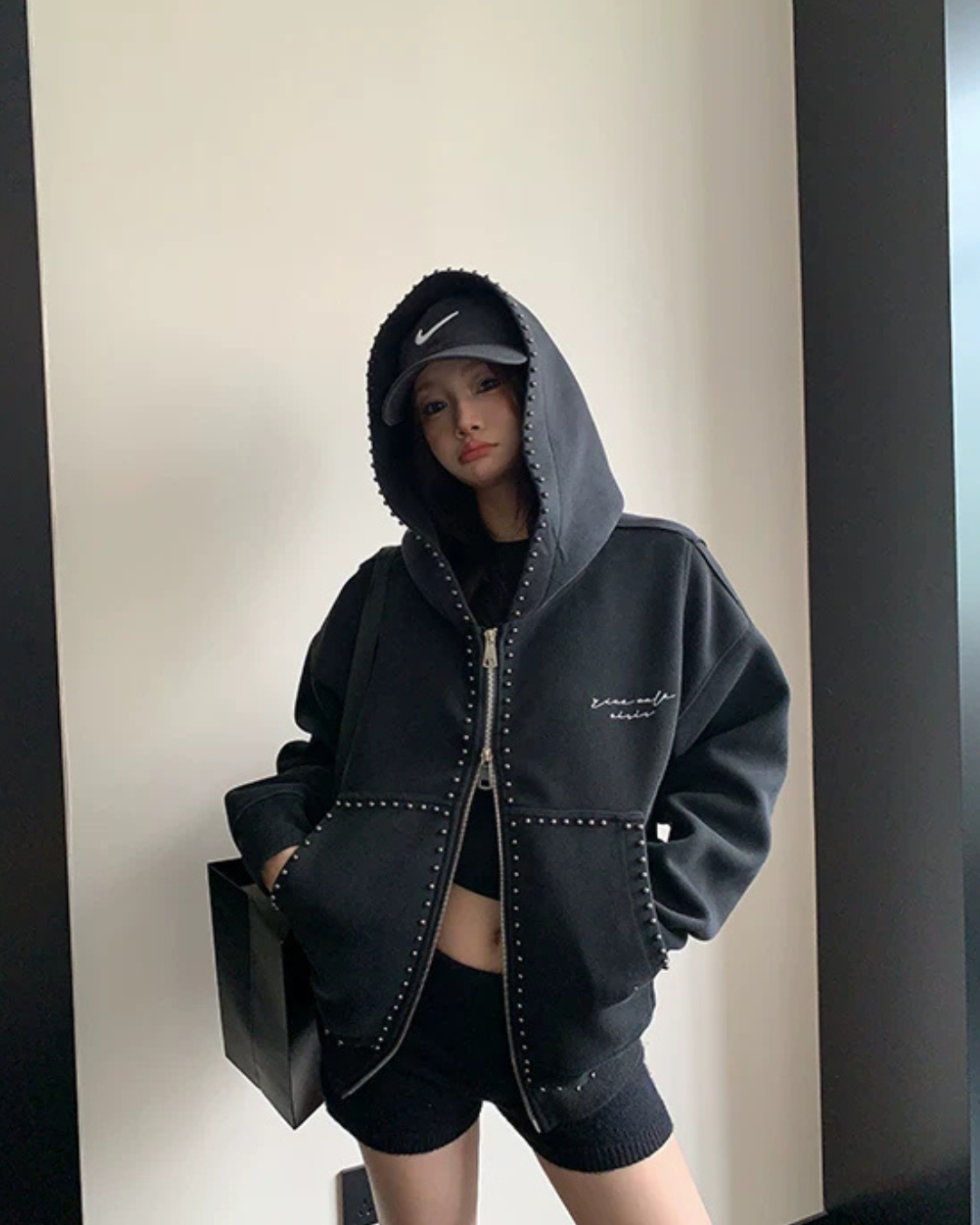 Studded Design Hooded Zip Jacket YLS1033