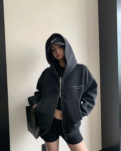 Studded Design Hooded Zip Jacket YLS1033