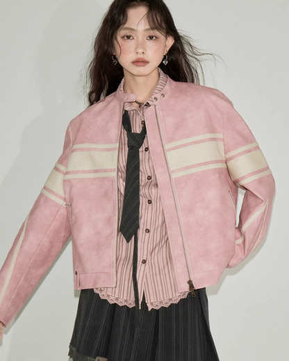 Stand Collar Pink Leather Jacket DDM0018