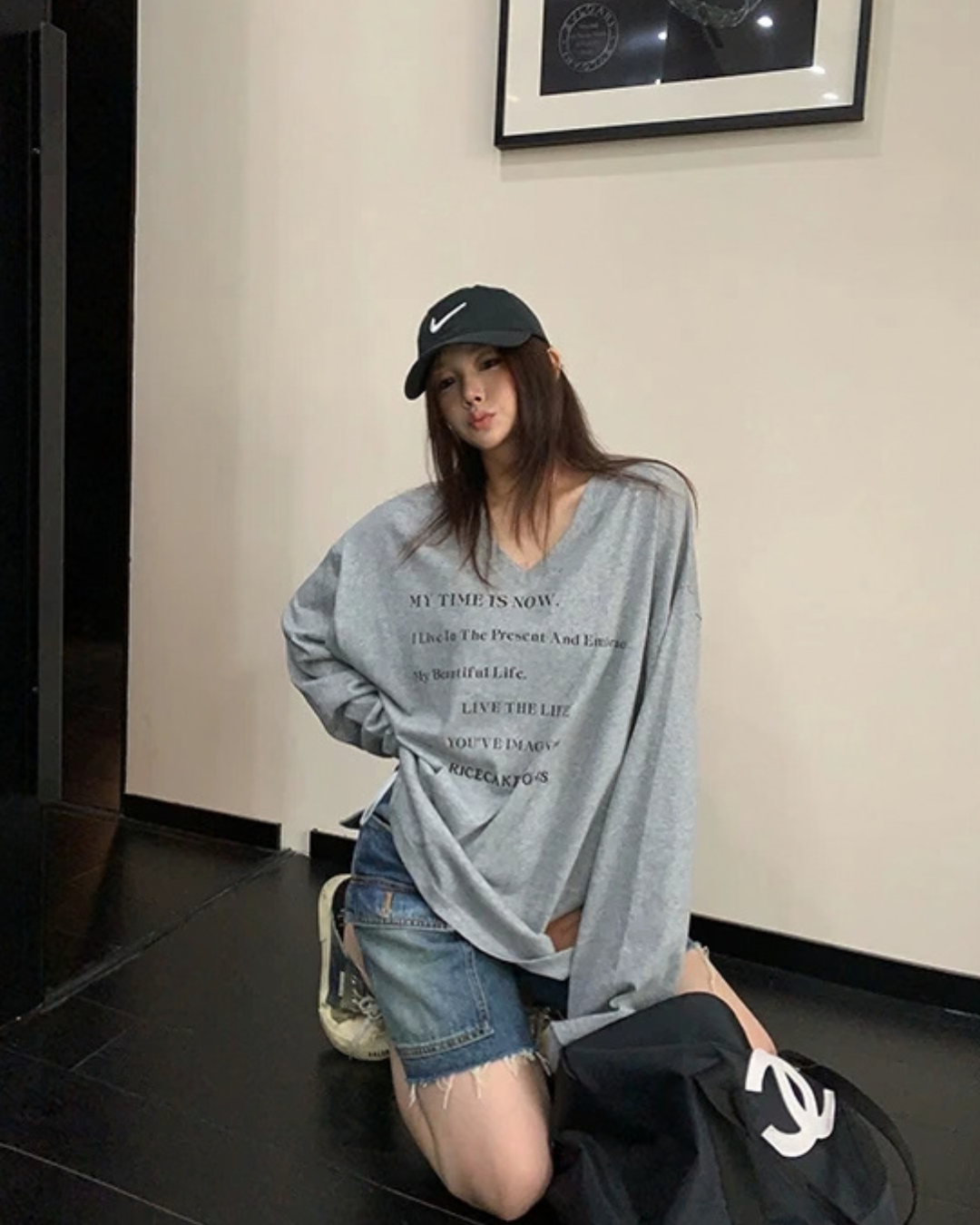 V-Neck Print Long Sleeve T-Shirt  YLS1044