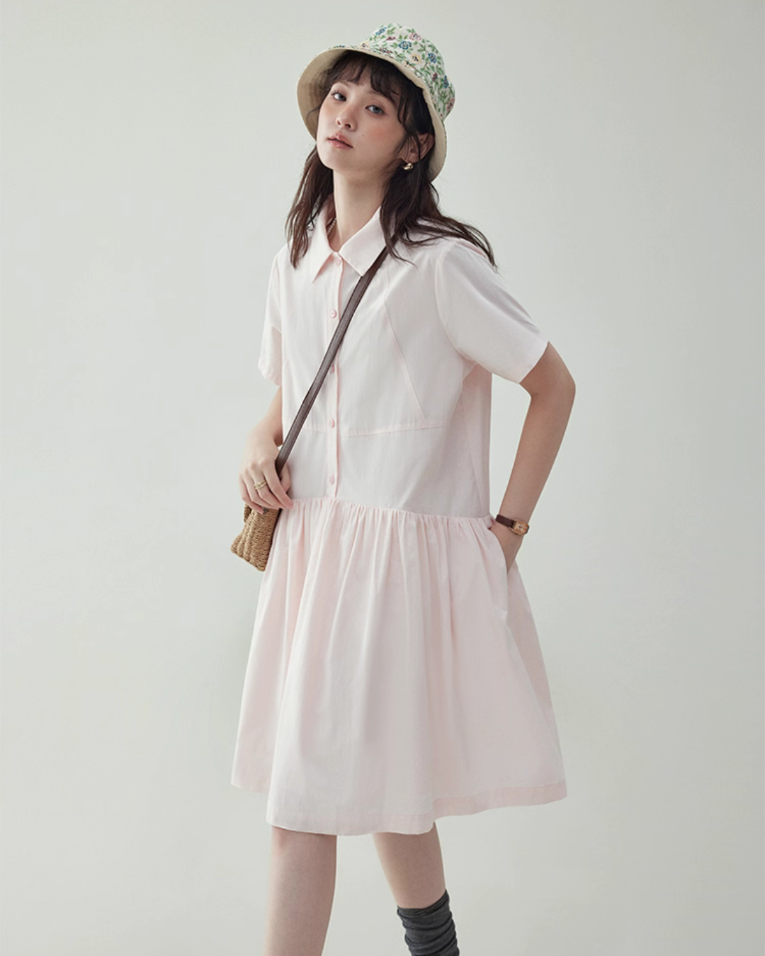 Relaxed Gathered Waist Cotton Dress AMU0027