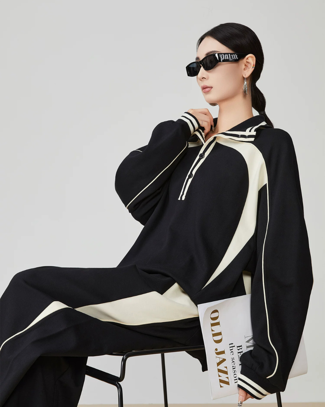 Color-Contrast Collared Long-Sleeve / Casual Wide Pants  FER0378