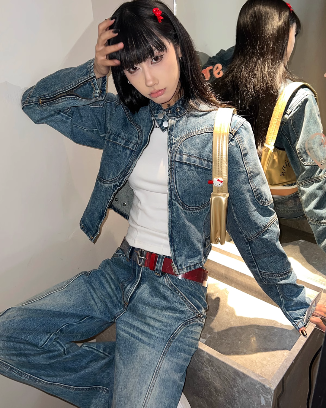 Mock Neck Denim Jacket / Denim Pants ACS0124