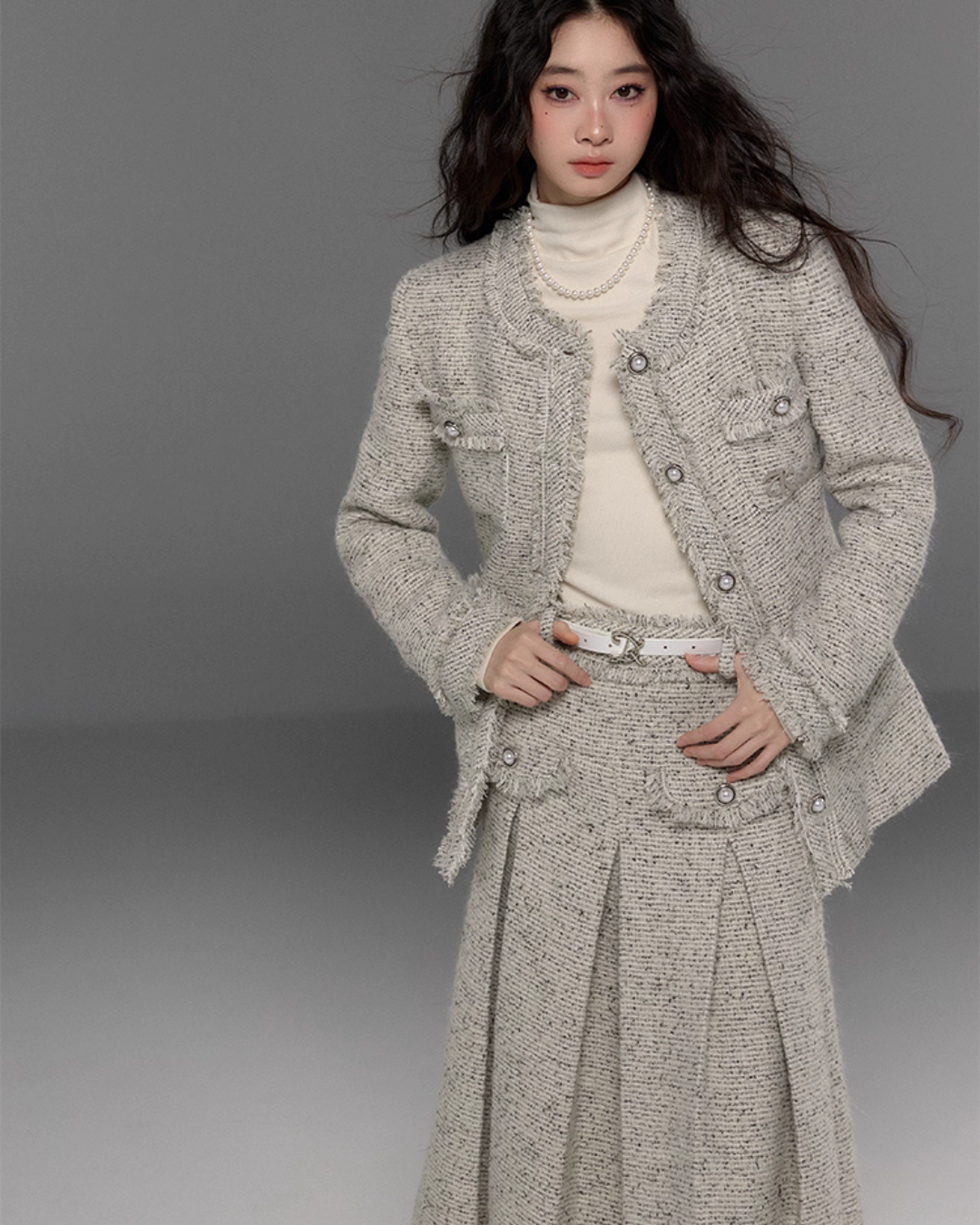 Tweed No-Collar Coat / Shorts / Knee Length Skirt TRK0006